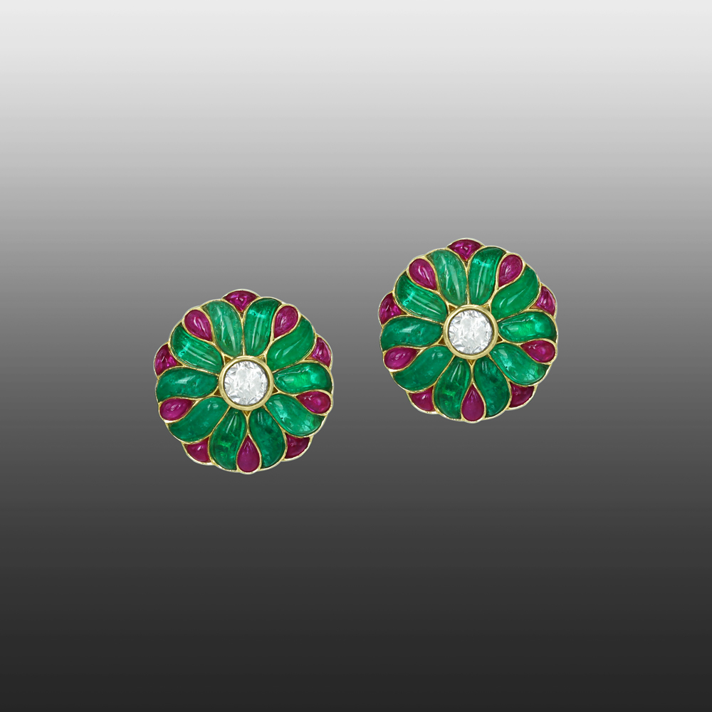 Floral Polki Stud Earrings with Emerald and Ruby Petals